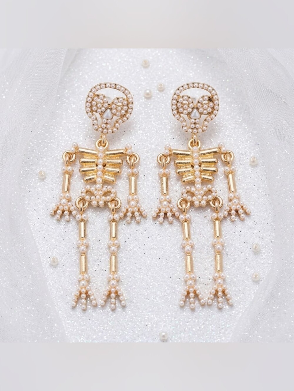 Gold plated pearl skeleton earrings With silver post for sensitive ears
